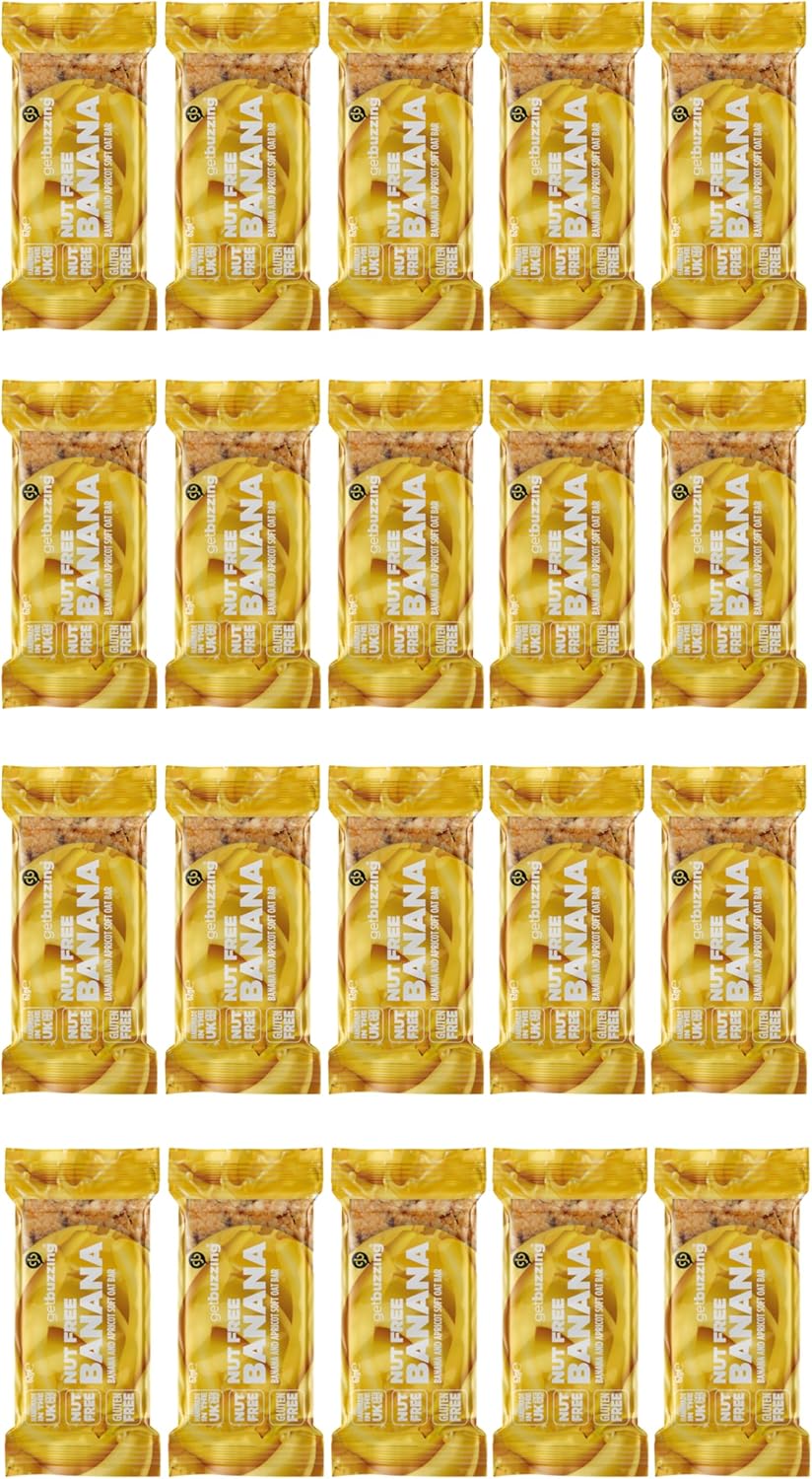 Getbuzzing Nut Free Oat Flapjack Bars with Nutrition Benefits – Gluten Free Healthy Endurance Snack with Natural Ingredients, High Fibre & School Safe – 20 x 62g Pack – Banana - Sports & Cycling