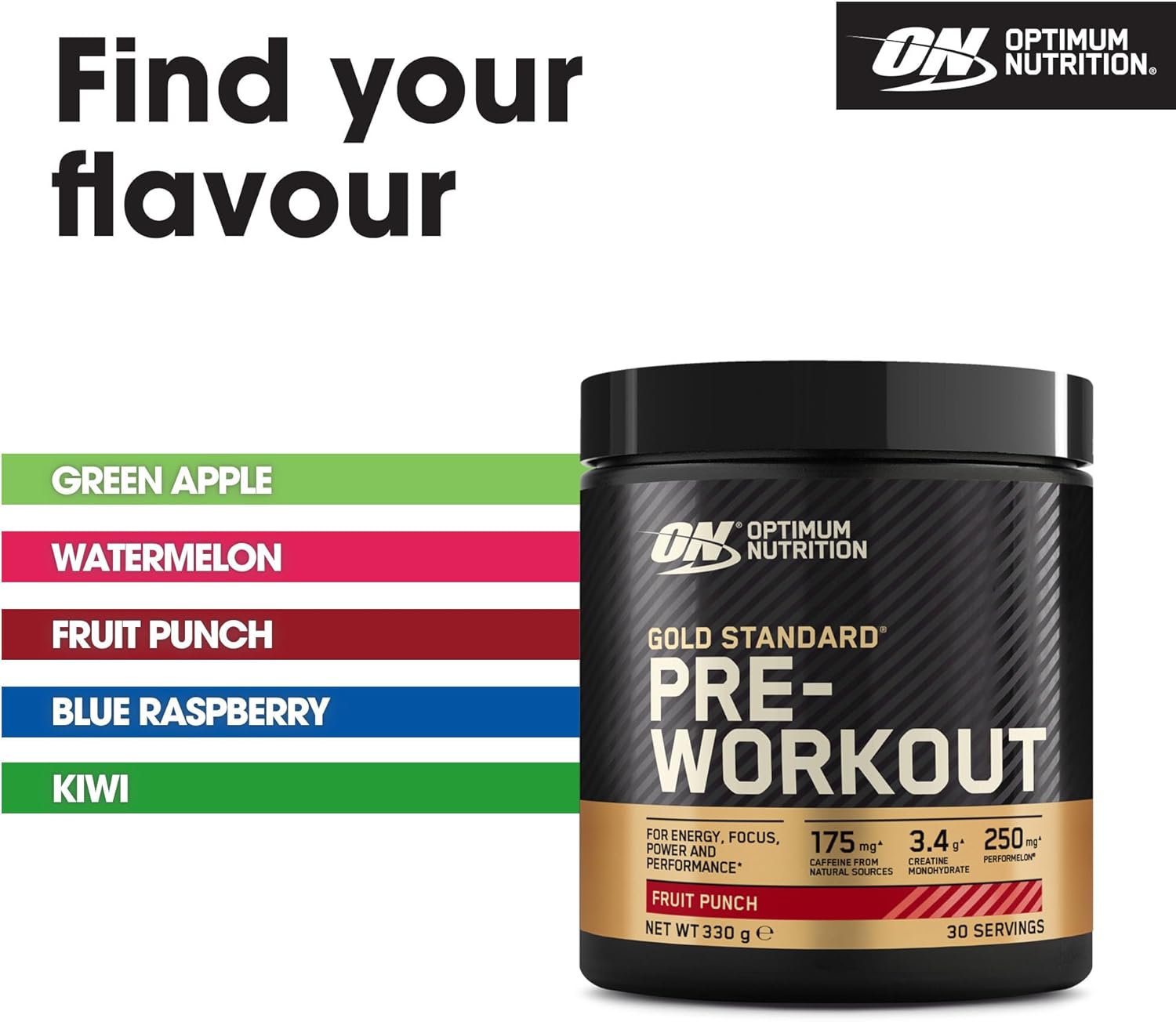 Optimum Nutrition Gold Standard Pre Workout Powder, Energy Drink Nutrition Supplement, Fruit Punch Flavour, 30 Servings, 330 g