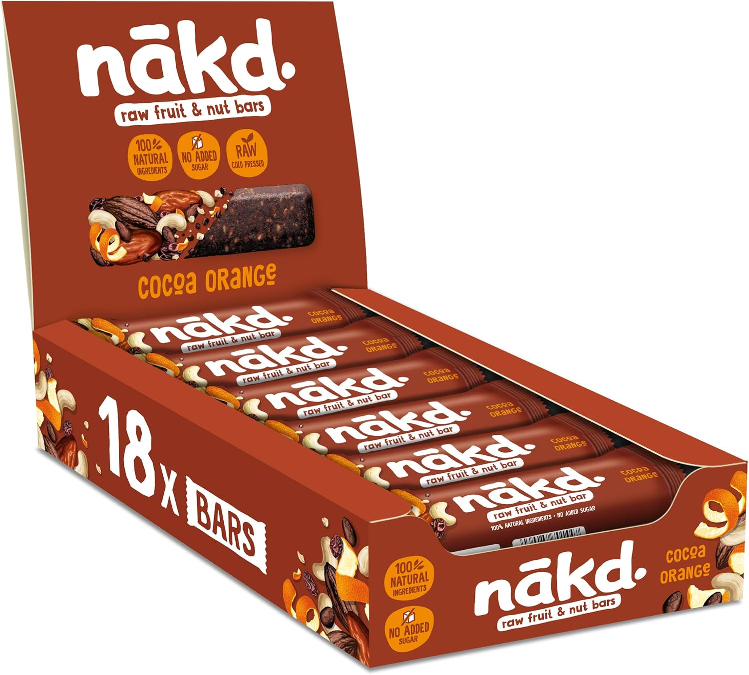 Nakd Cocoa Orange Natural Fruit & Nut Bars - Vegan - Gluten Free - Healthy Snack, 35 g (Pack of 18)