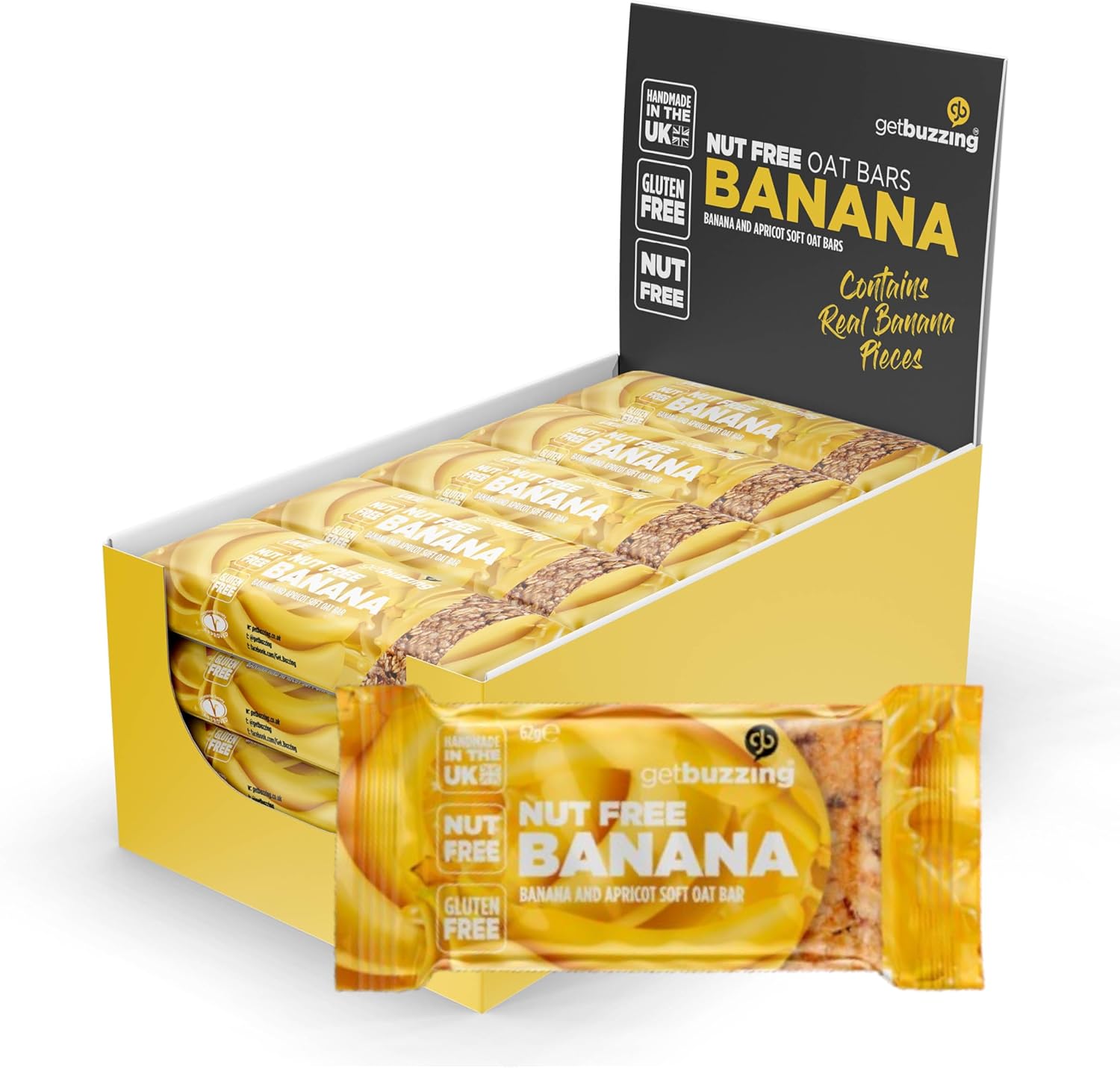 Getbuzzing Nut Free Oat Flapjack Bars with Nutrition Benefits – Gluten Free Healthy Endurance Snack with Natural Ingredients, High Fibre & School Safe – 20 x 62g Pack – Banana - Sports & Cycling