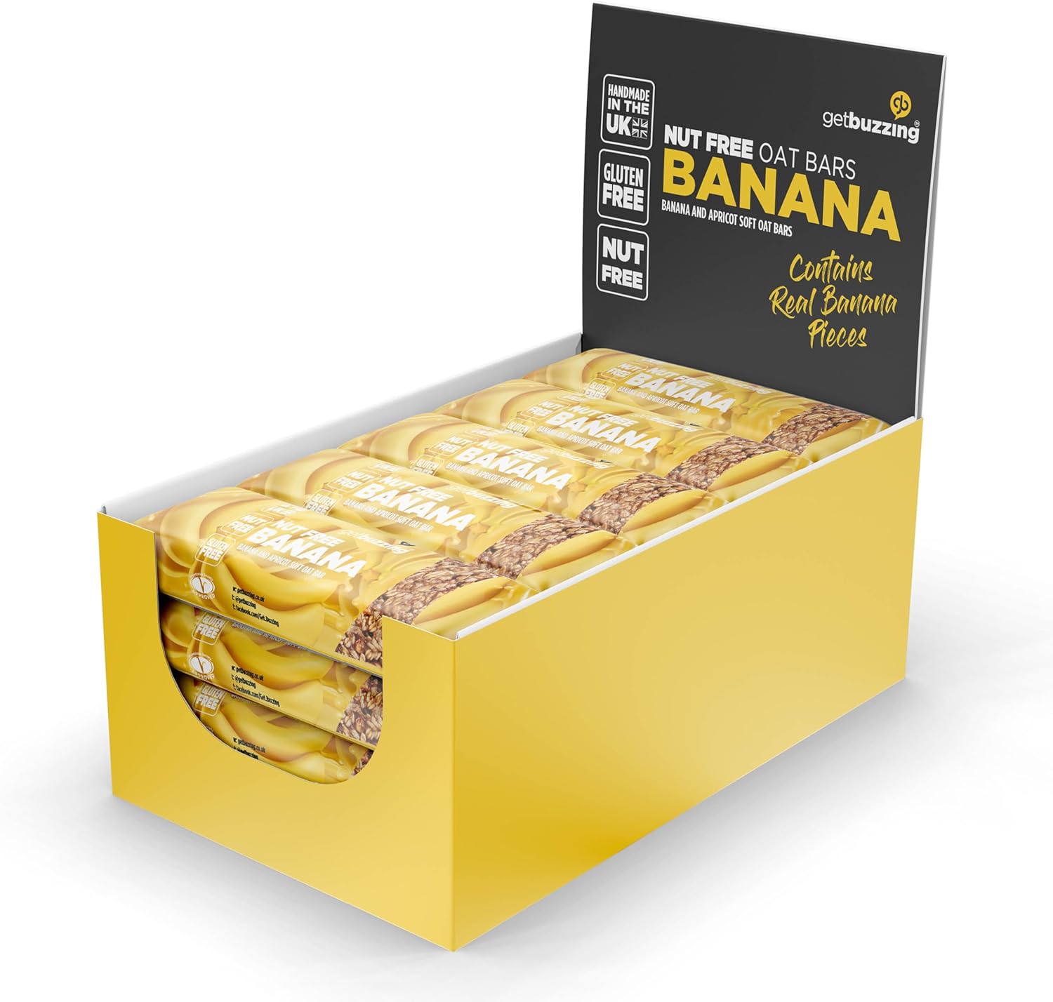 Getbuzzing Nut Free Oat Flapjack Bars with Nutrition Benefits – Gluten Free Healthy Endurance Snack with Natural Ingredients, High Fibre & School Safe – 20 x 62g Pack – Banana - Sports & Cycling